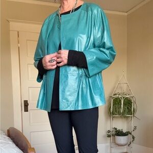 Lafayette 148 New York Turquoise Leather Jacket XL